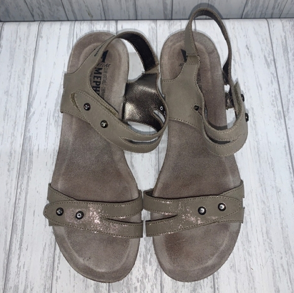 MEPHISTO Minoa Gray Tan shimmer Rhinestone Cork Wedges 38 - Picture 2 of 13